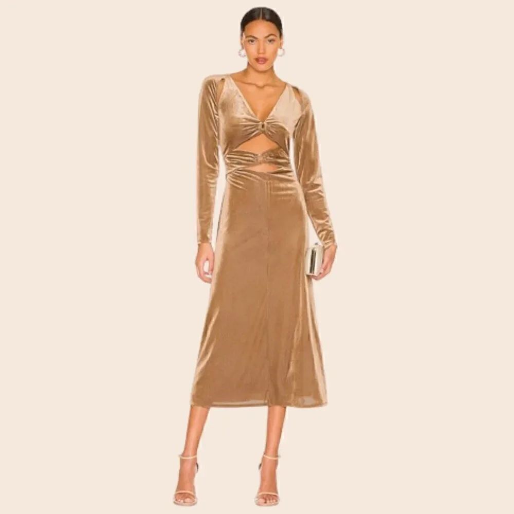 AFRM Bronze Cala Ribbed Cutout Long Sleeve Velvet Midi Dress in Sepia Size XS